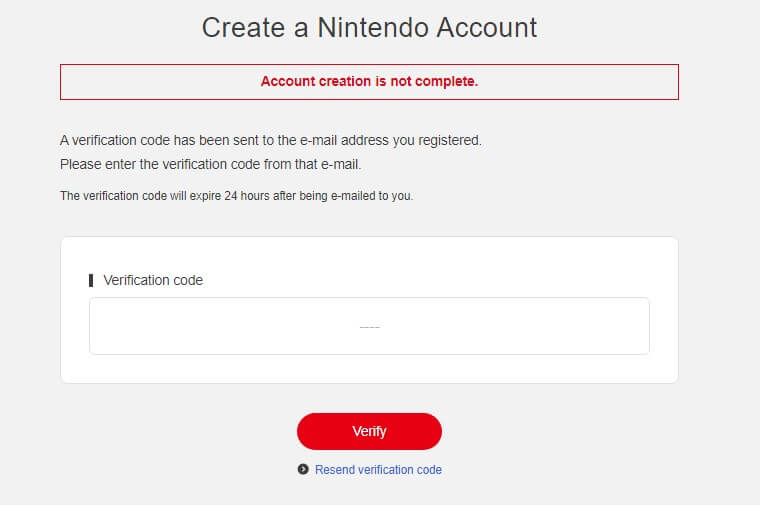 Verification code for Nintendo account