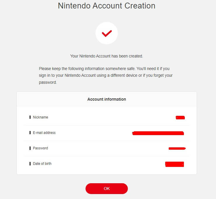Nintendo account creation confirmation