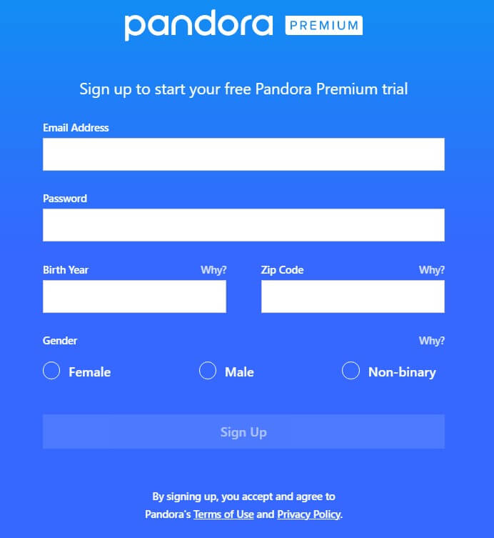Pandora account creation