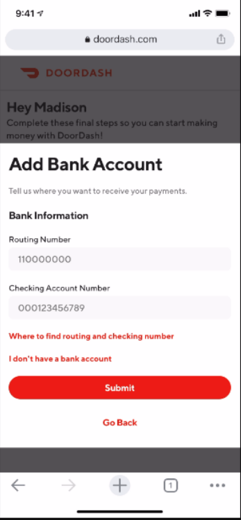 submitting bank details