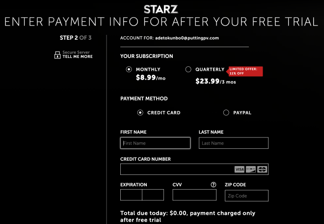 Enter payment details on Starz app