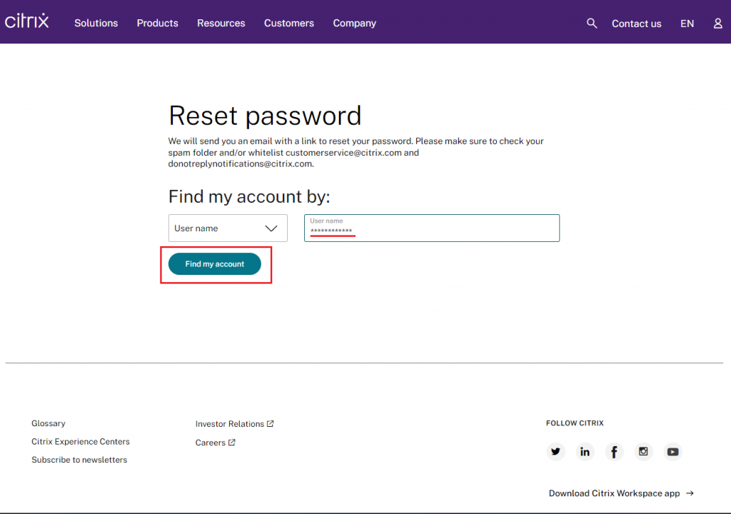 Enter User name and click Find My Account to change password on Citrix 