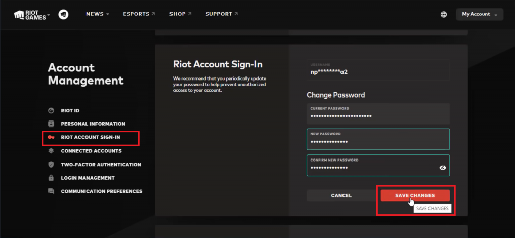 under Riot Account Sing-In enter new password and click Save Changes