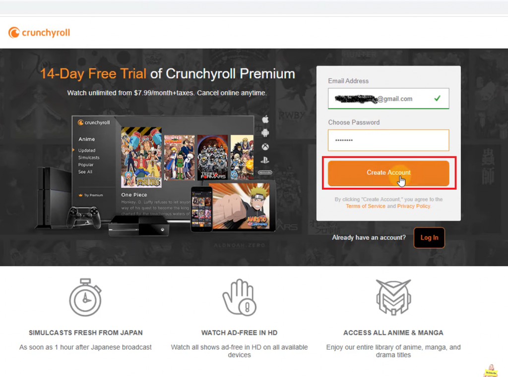 Create am account on Crunchyroll to avail the free trial