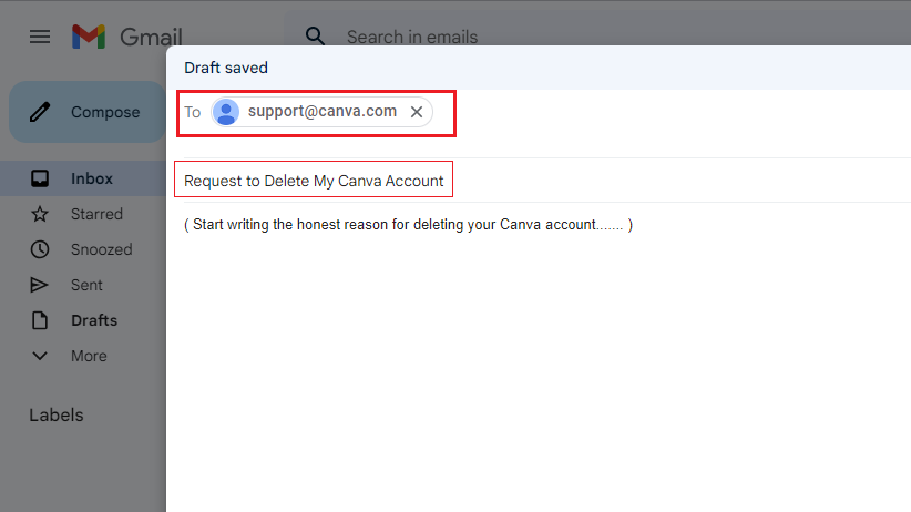 Compose a mail to support@canva.com to Delete your Canva account