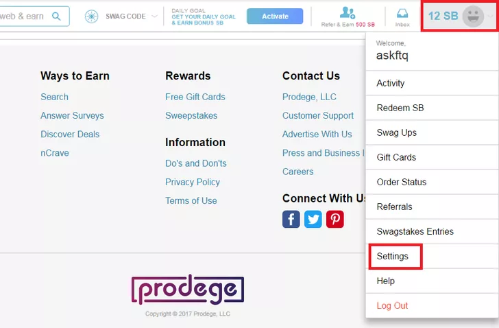 Select Settings option under Swagbucks Profile