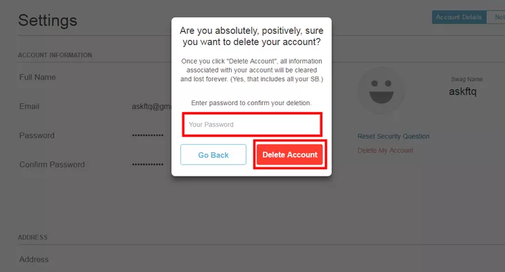 Enter password to confirm your deletion process  