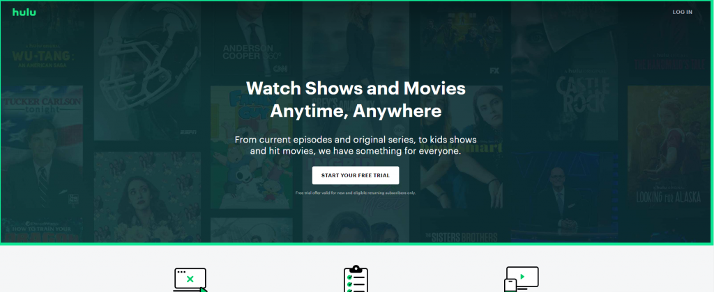 Hulu website Home page with free trail