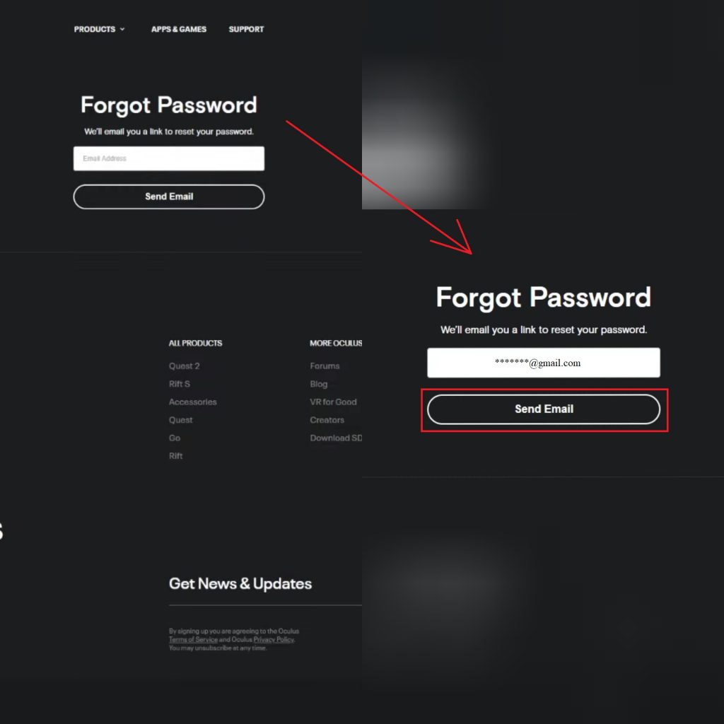 Oculus Password reset page on web browser 