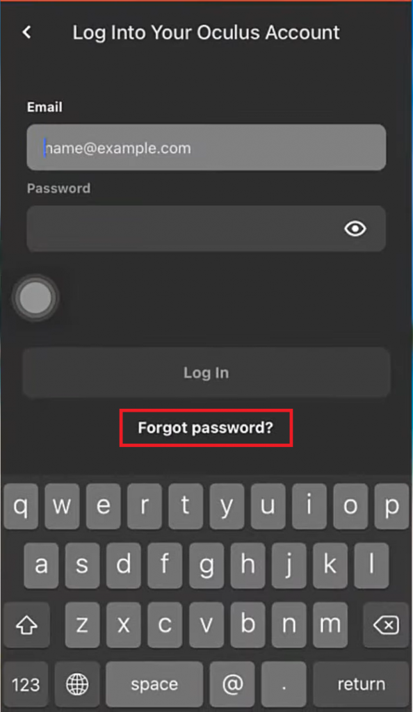Click on Forgot password prompt to reset password Oculus password