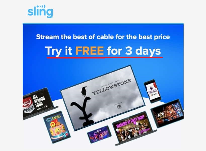 3 days free trial note on Sling TV official site