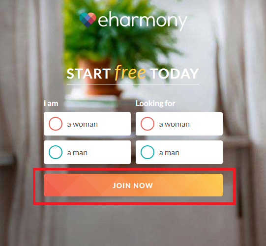 eHarmony official signup page, to get free trial
