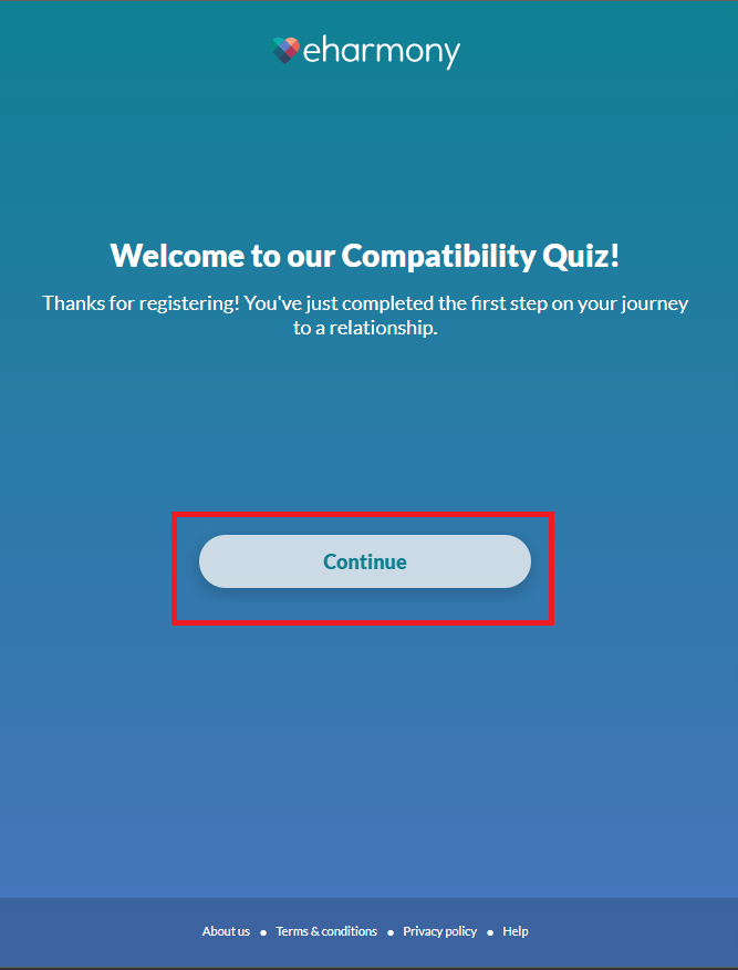 Prompt which navigates to the Compatibility Quiz on eHarmony 