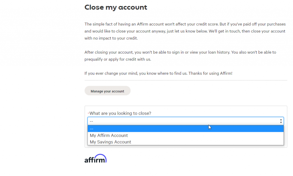 Delete Affirm Account - Select Account Type