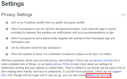Choose Delete your Foursquare Account
