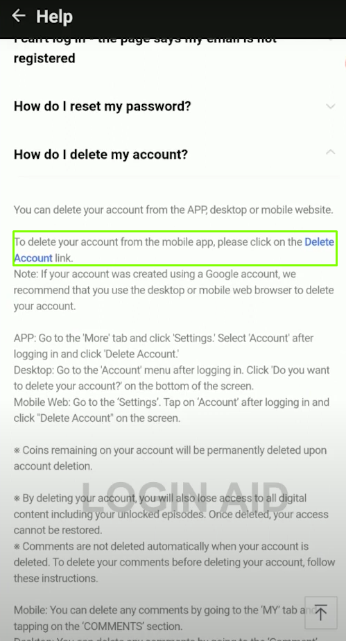 Click Delete Account link to delete WEBTOON account 