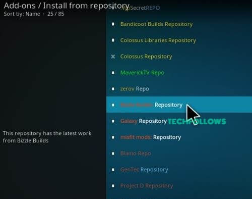 Select the Bizzle builds repository to install Brit Flix Addon