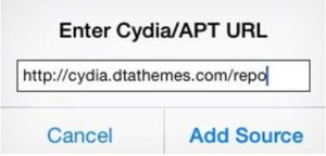  enter the URL http://cydia.dtathemes.com/repo and tap Add Source.