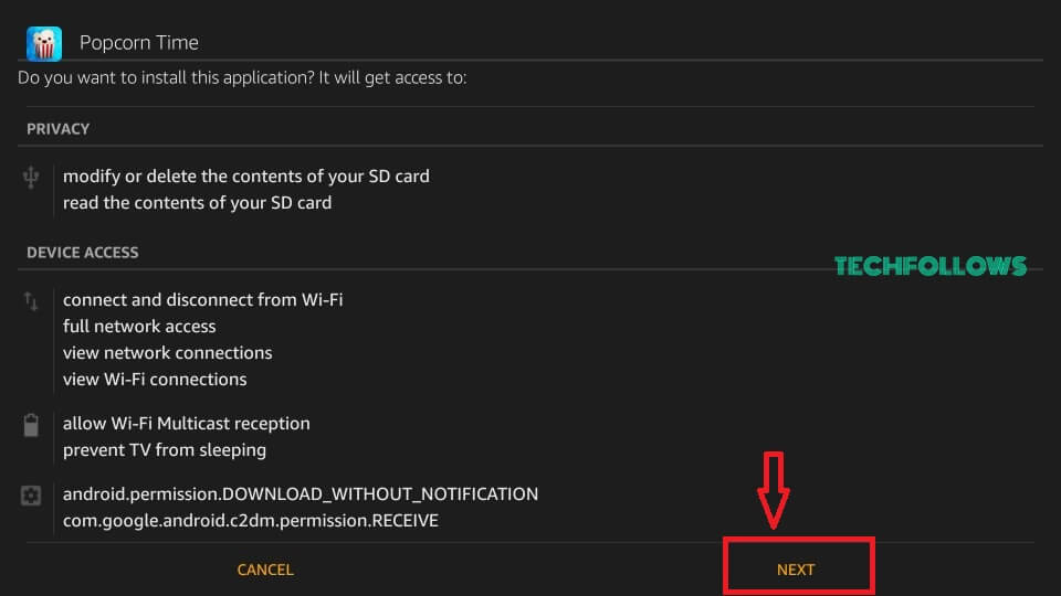 Click Next to install Popcorn Time on Firestick
