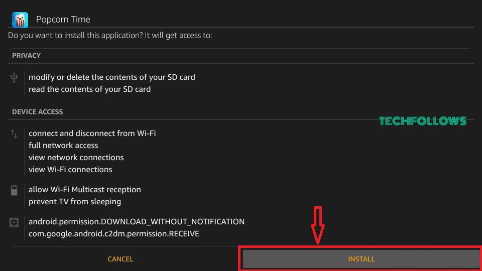 Click Install to install Popcorn Time on Firestick