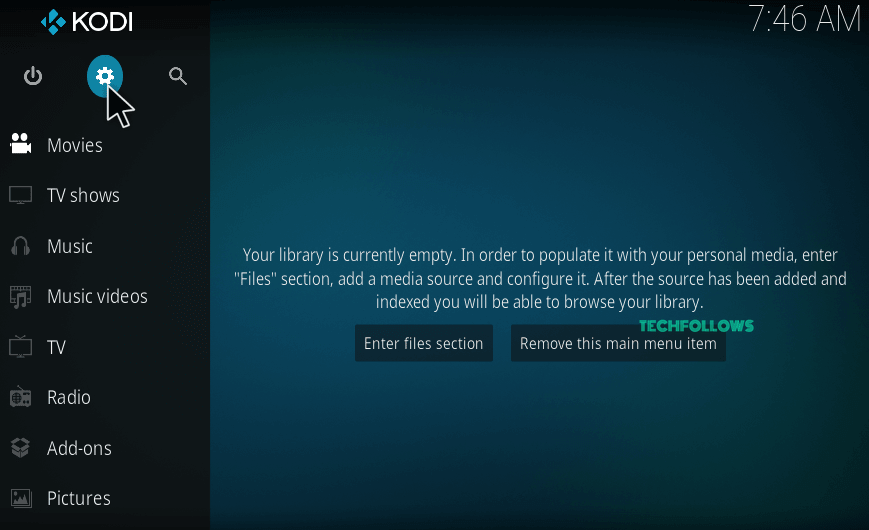 Tap Settings Icon on Kodi home