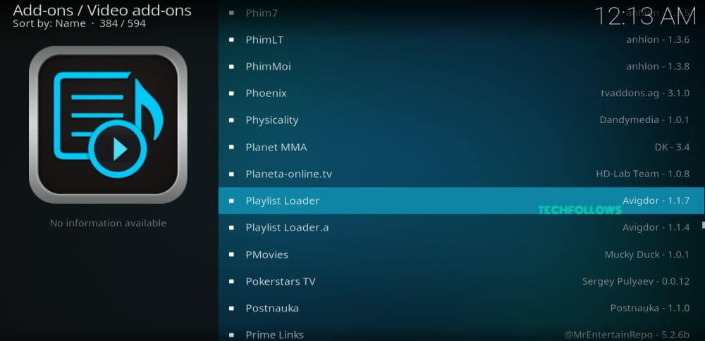 select Playlist Loader to install Playlist Loader Kodi Addon