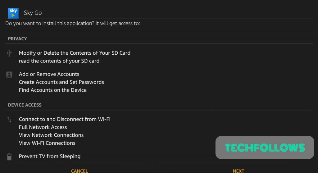 Click Next to install Sky Go on Firestick
