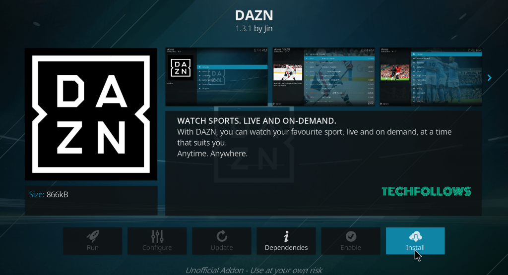 Select Install to get DAZN Kodi addon 