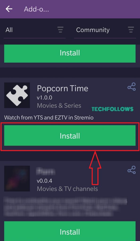 Click Install to install popcorn Time addon on Stremio