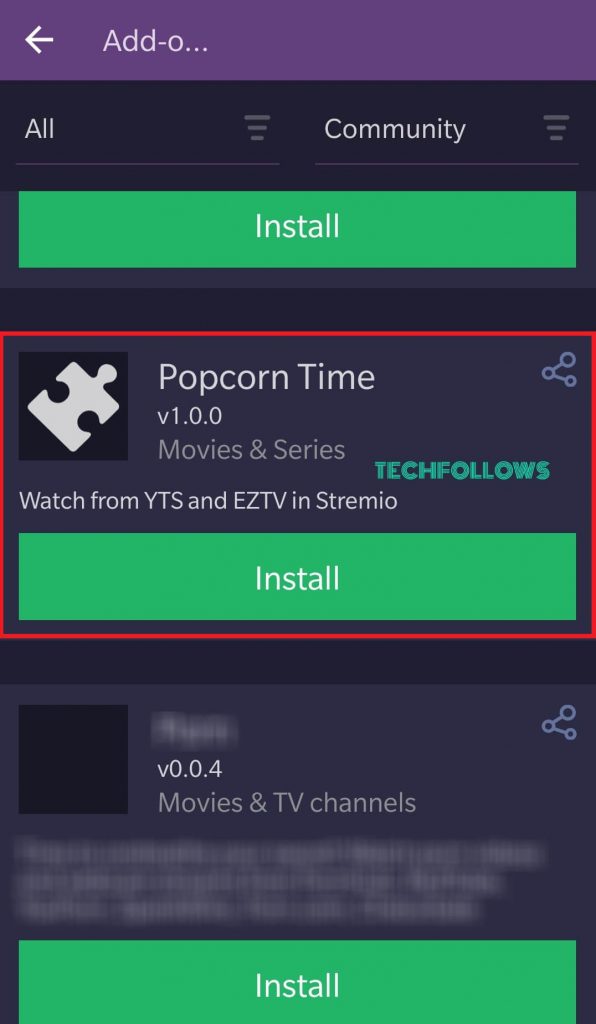 Select popcorn Time addon on Stremio