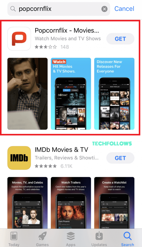 select the Popcornflix app for iOS