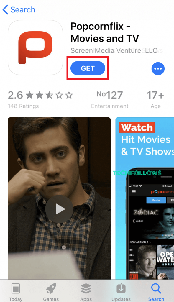 click Get to install Popcornflix on iOS