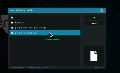Select the SGTV addon zip file