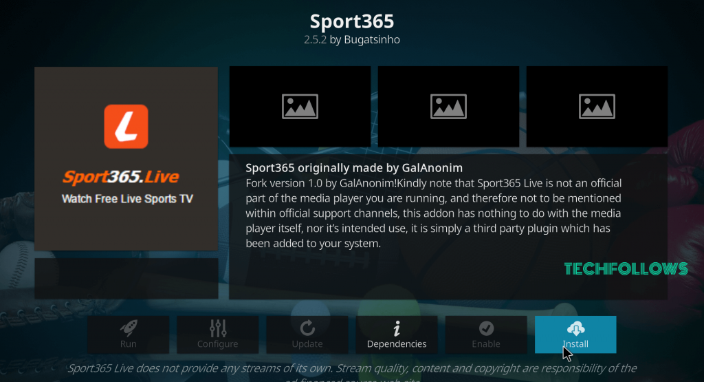 Select Install to install Sport365 Live Kodi Addon