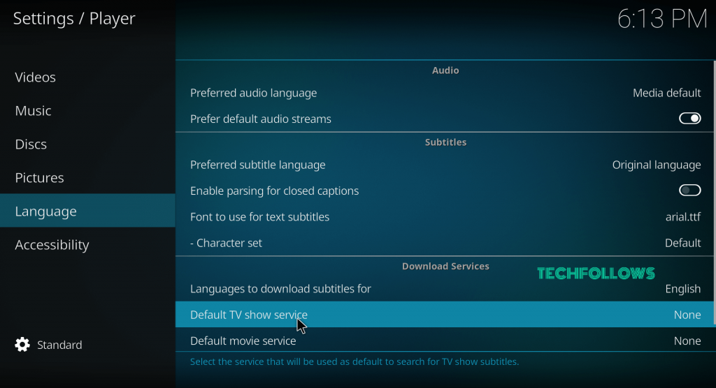 Select Default TV show service