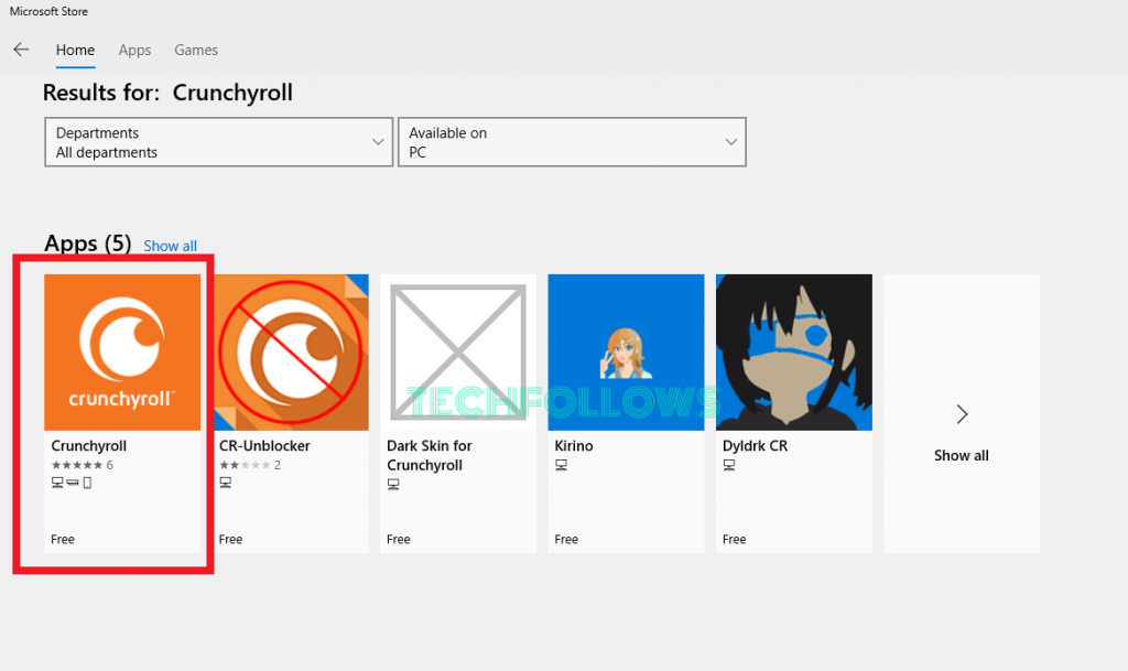 Crunchyroll App on MIcrosoft Store
