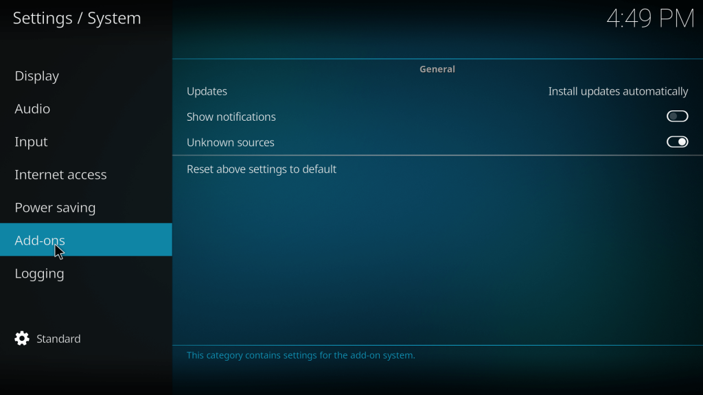 Click addons to enable Unknown Sources on Kodi