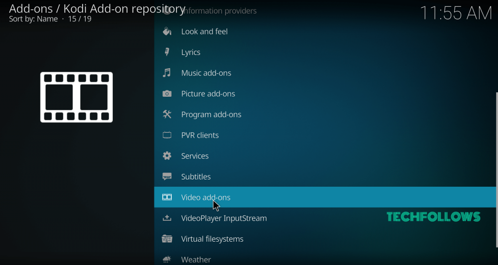 Select Video Add-ons on Kodi