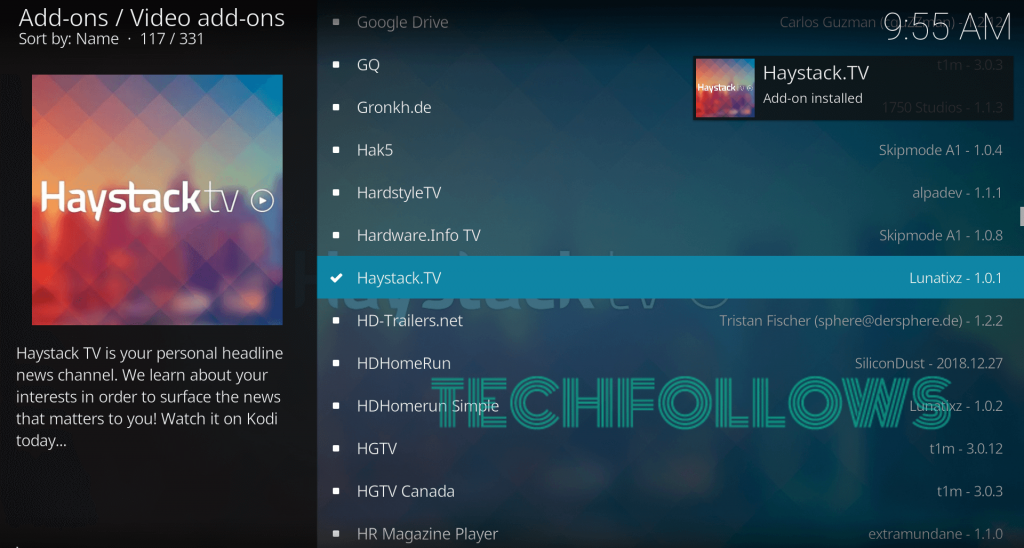 Launch Haystack TV Kodi Addon