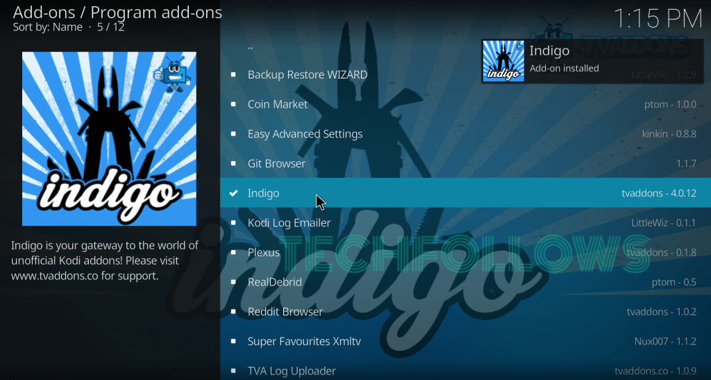 Indigo Kodi Addon installed popup