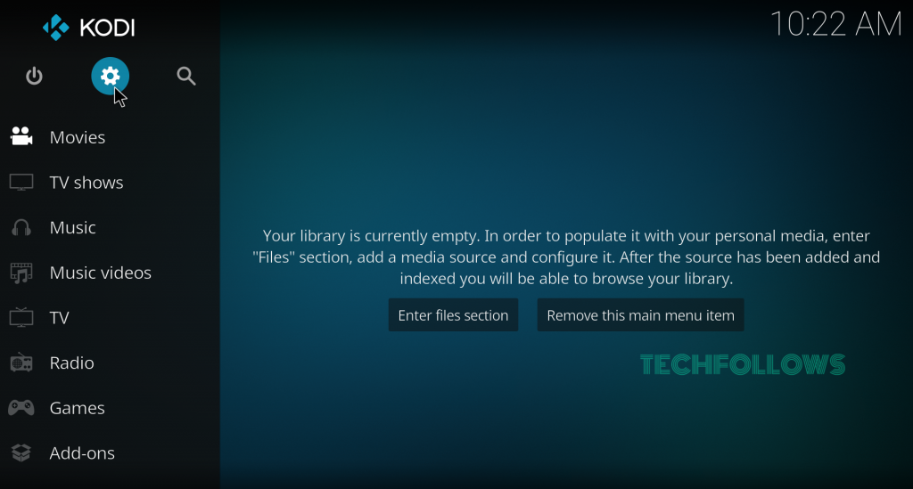 Select Settings icon on Kodi 