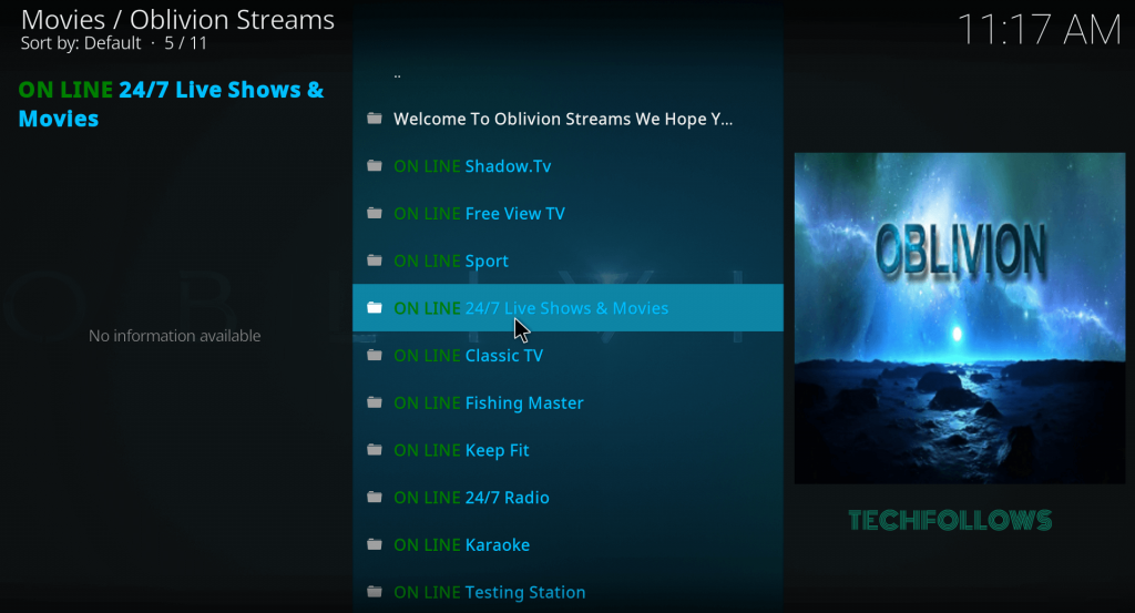 Oblivion Streams on Kodi