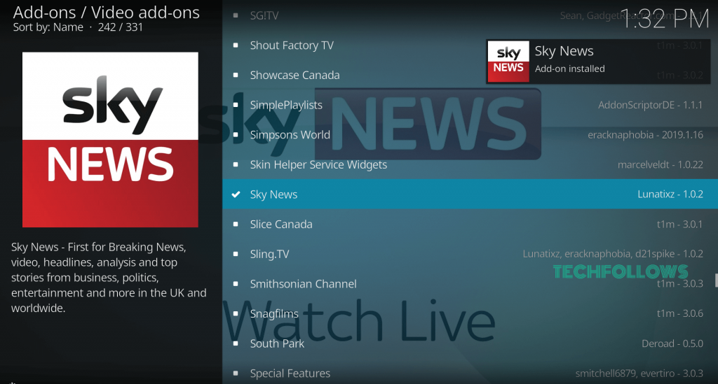 Sky News Addon Installed