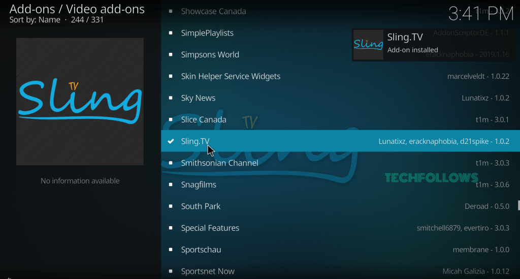 Sling TV Addon Installed