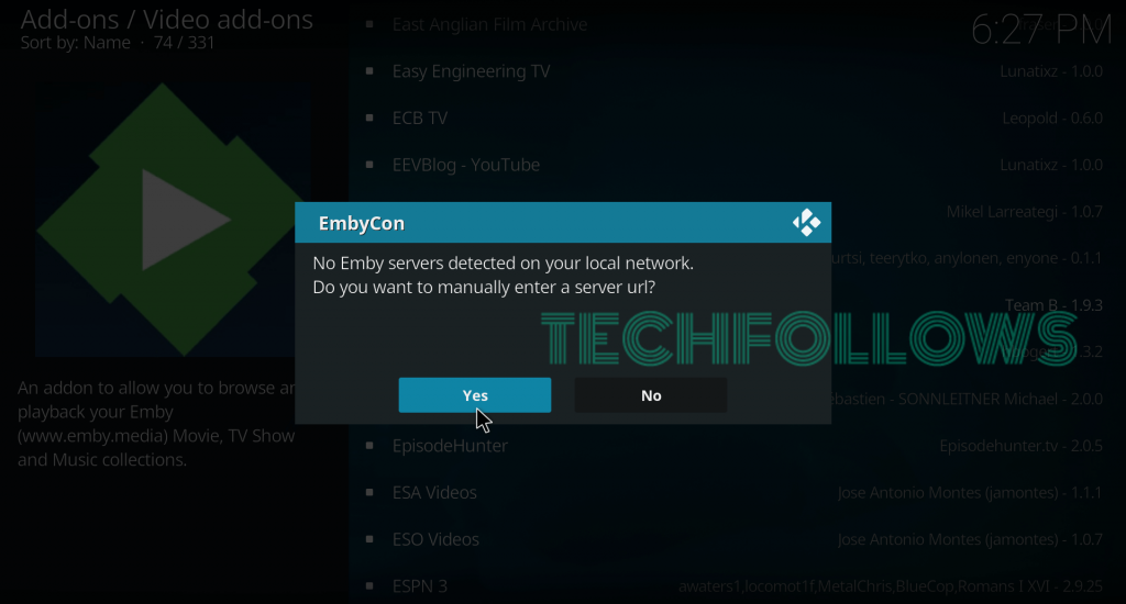 click Yes to launch EmbyCon on Kodi