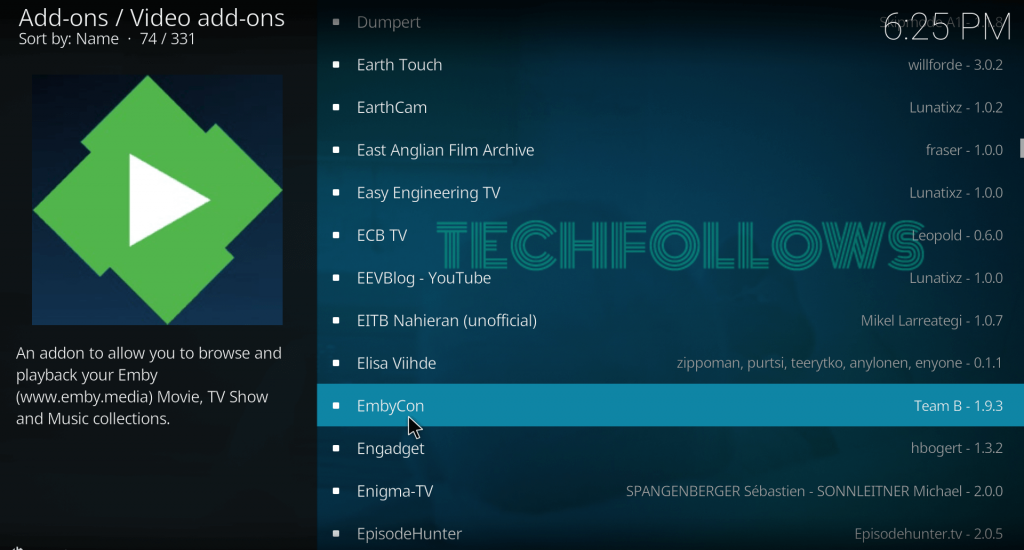 Select EmbyCon addon on kodi