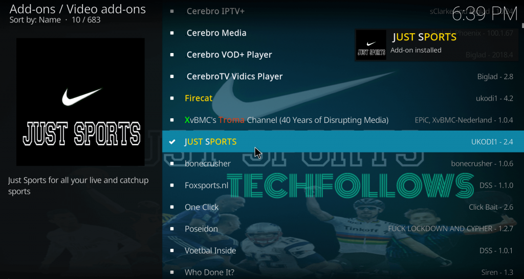 Just Sports Addon Installed