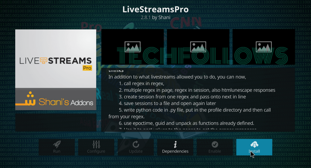 Select Install to install LiveStreamsPro