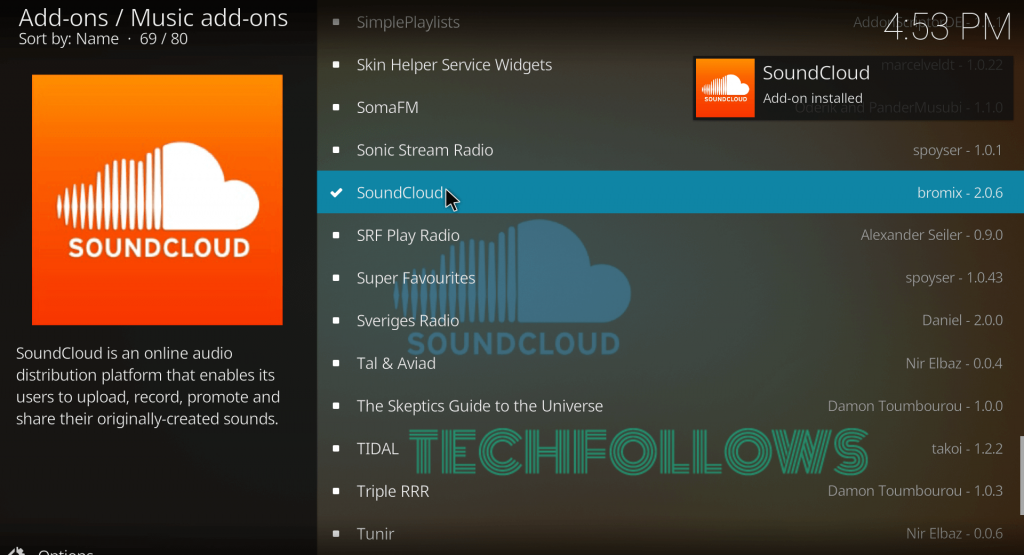 SoundCloud Addon Installed