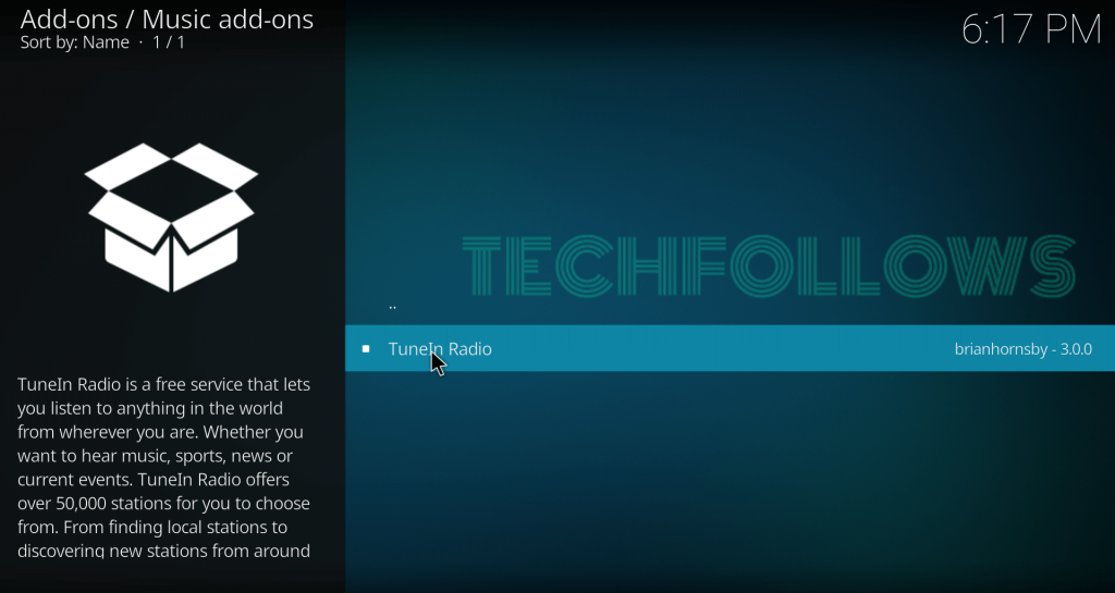 click TuneIn Radio Addon on kodi